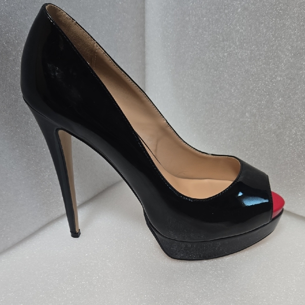 Marumote 6" SHINEY BLACK STILETTOS W/ RED PEEP VALENTINE'S  DIVA 9.5 - Picture 12 of 17